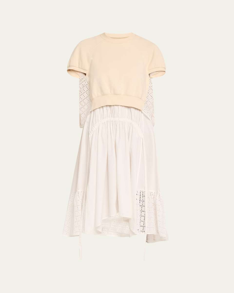 Mixed-Media Broderie Anglaise Midi Dress